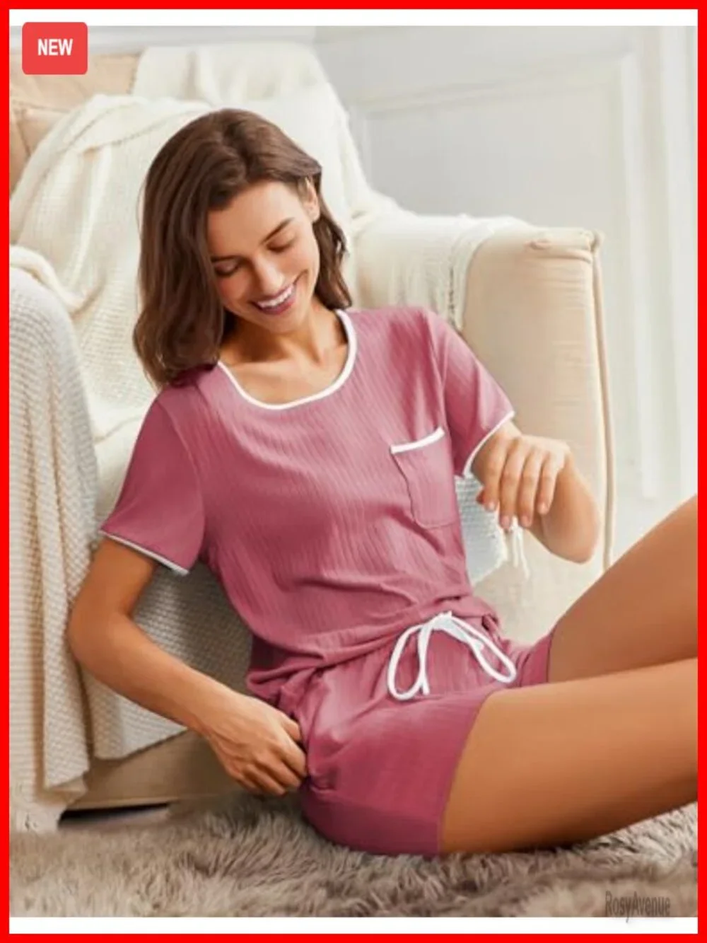 Ribbed Knit Pajama Set Short Sleeve Top and Shorts with Pockets Lounge Sleepwear